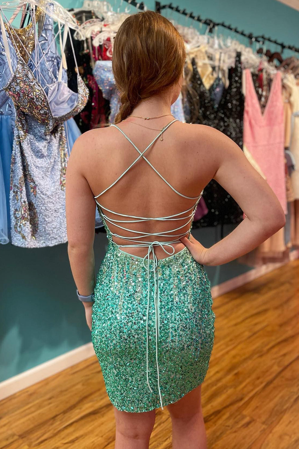 Sparkly Green Sequins Lace-Up Back Tight Homecoming Dress-BMbridal