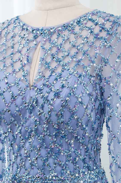 BMbridal Elegant Tulle Jewel Rhinestones Prom Dresses with Long Sleeves