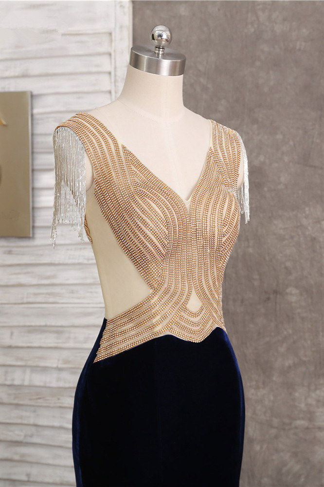 BMbridal Chic V-Neck Mermaid Black Prom Dresses Sleeveless Beadings with Tassels Online