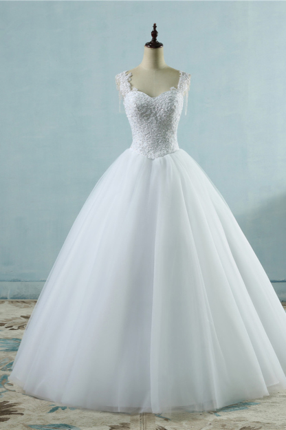 BMbridal Glamorous Straps Sweetheart White Wedding Dress Sleeveless Appliques Beadings Bridal Gowns