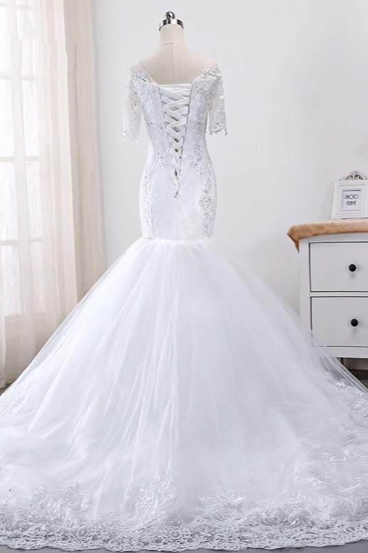 BMbridal Glamorous Jewel Tulle Lace Wedding Dress Mermaid Short Sleeves Beading Bridal Gowns Online