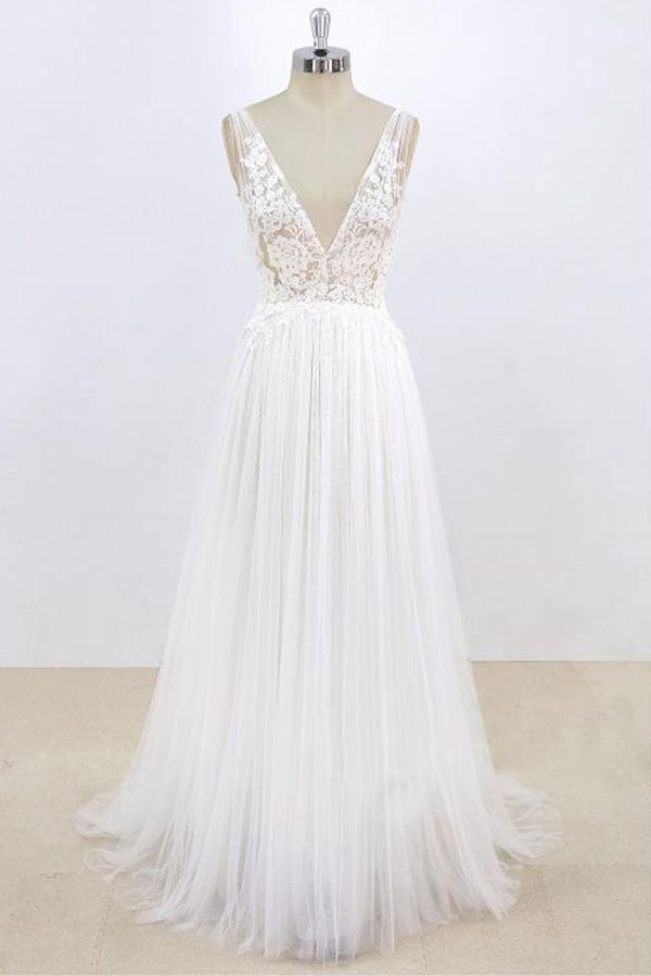 BMbridal Sexy V-neck Sleeveless Straps Wedding Dresses White Tulle Ruffles Lace Bridal Gowns Online