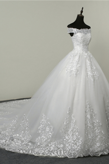 BMbridal Ball Gown White Tulle Sleeveless Wedding Dresses Off-the-Shoulder Lace Appliques Bridal Gowns-BMbridal