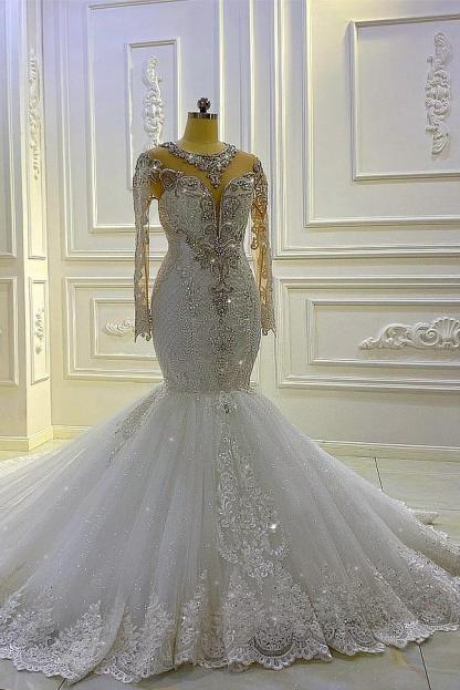Gorgeous Long Sleeves Pearl Sequins Bateau Mermaid Wedding Dress with Lace Appliques Beading