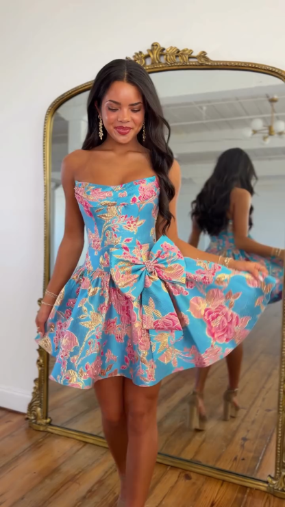 Strapless Draped Floral Jacquard Homecoming Dress Oversized Bow Bubble Mini Skirt