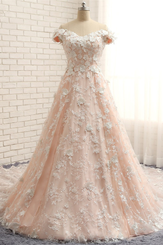 BMbridal Chic Off-the-shoulder Pink A-line Wedding Dresses With Appliques V-neck Lace Bridal Gowns Online-BMbridal