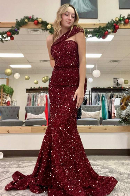 Modern Burgundy One Shoulder Mermaid Prom Dress Sequins Long
