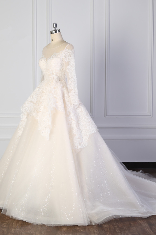 BMbridal Exquisite Lace Appliques Wedding Dress Tulle Long Sleeves Sequined Bridal Gown On Sale-BMbridal