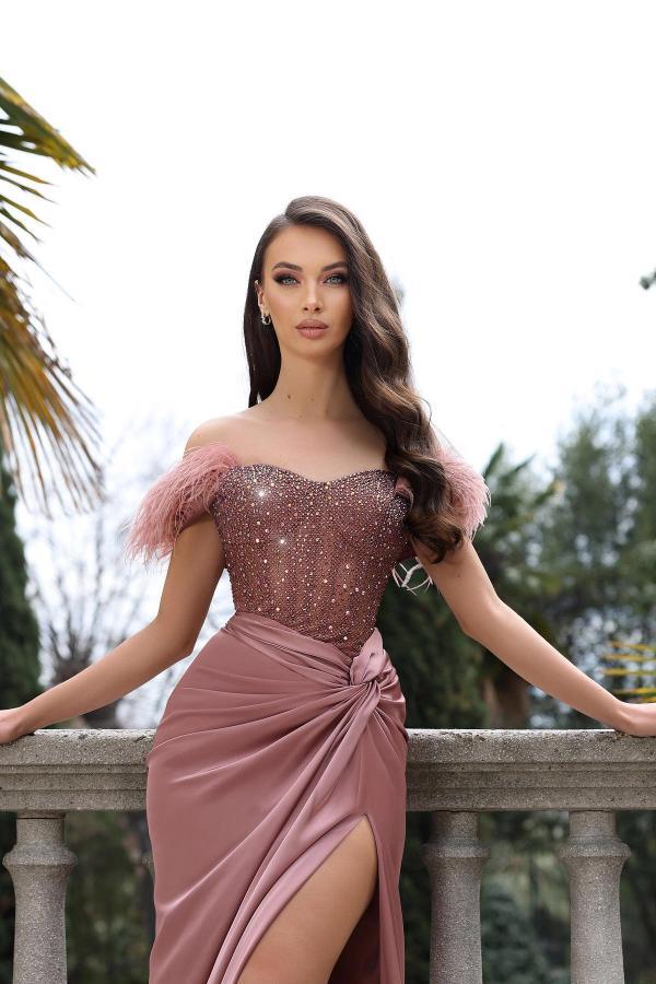 Bmbridal Dusty Pink Off-the-Shoulder Prom Dress Mermaid Front Split