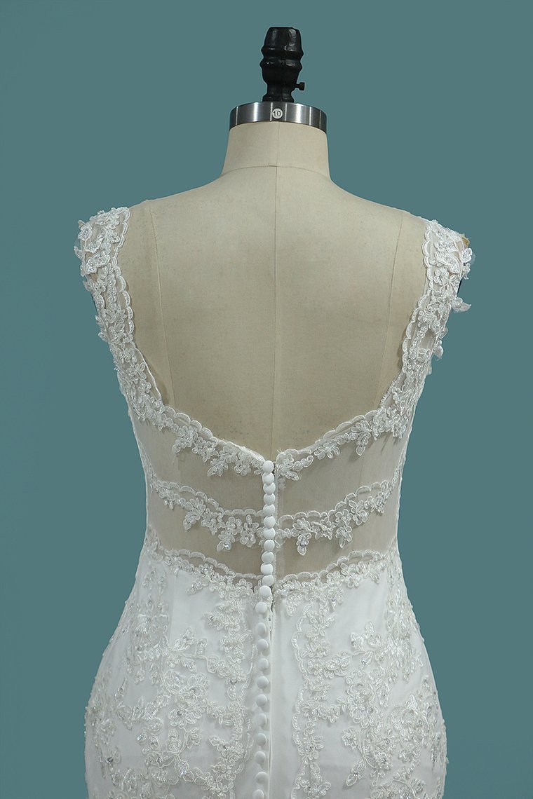 BMbridal Elegant Mermaid V-neck Tulle Wedding Dress White Lace Appliques Beadings Bridal Gowns Online-BMbridal