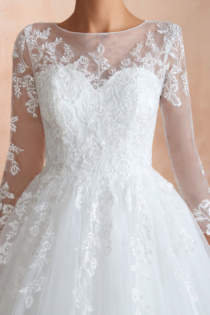 BMbridal Affordable Lace Jewel White Tulle Wedding Dresses with 3/4 Sleeves