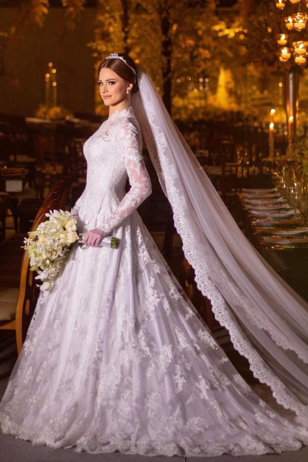Fabulous A-Line Floor-Length High Neck Long Sleeves Lace Wedding Dresses-BMbridal