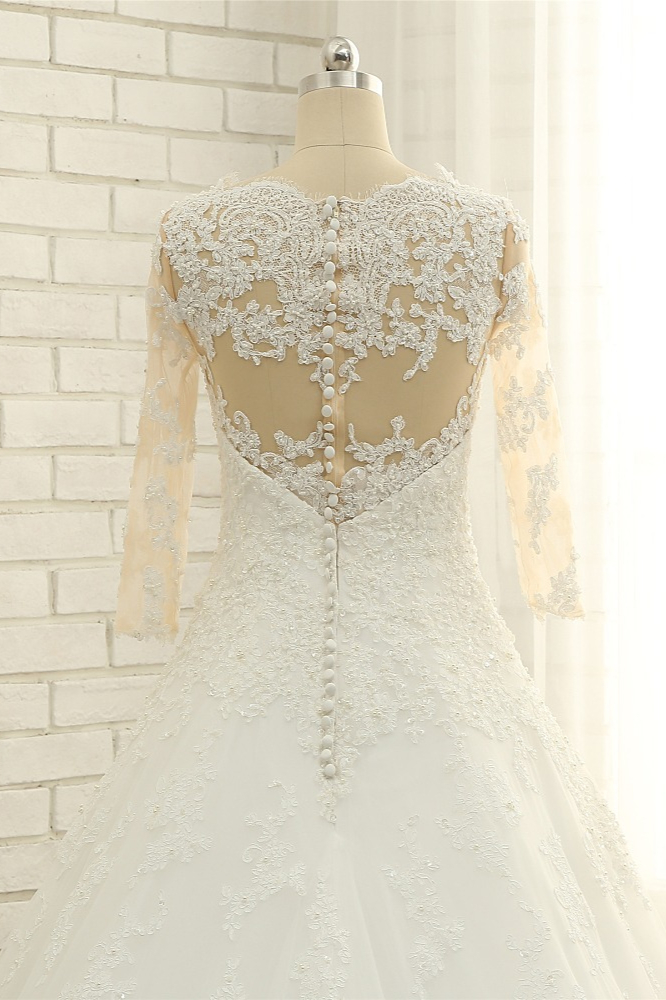 BMbridal Elegant A-Line Jewel White Tulle Lace Wedding Dress 3/4 Sleeves Appliques Bridal Gowns with Pearls-BMbridal