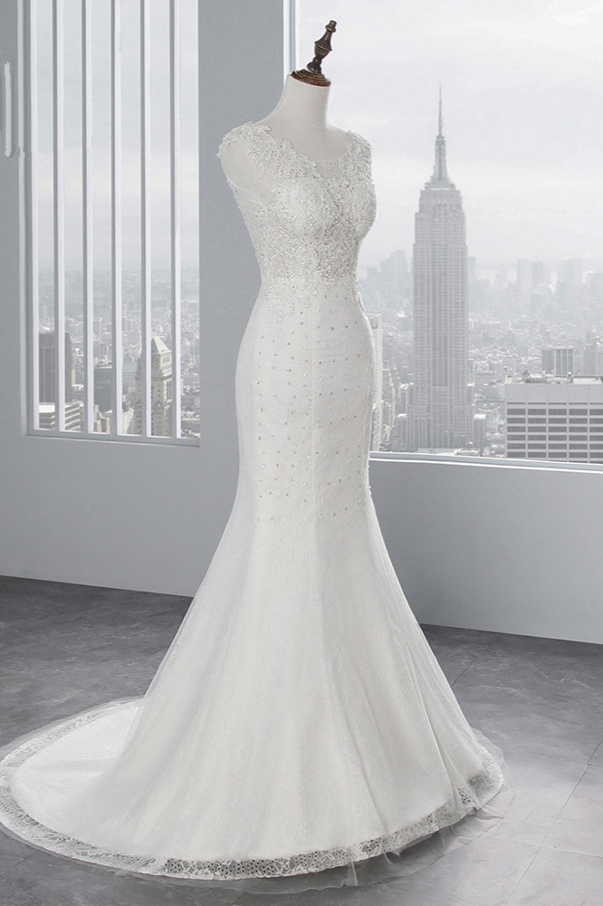 BMbridal Glamorous Jewel Sleeveless Rhinestone White Mermaid Wedding Dresses with Appliques