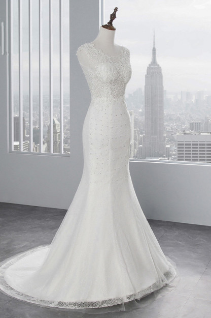 BMbridal Glamorous Jewel Sleeveless Rhinestone White Mermaid Wedding Dresses with Appliques