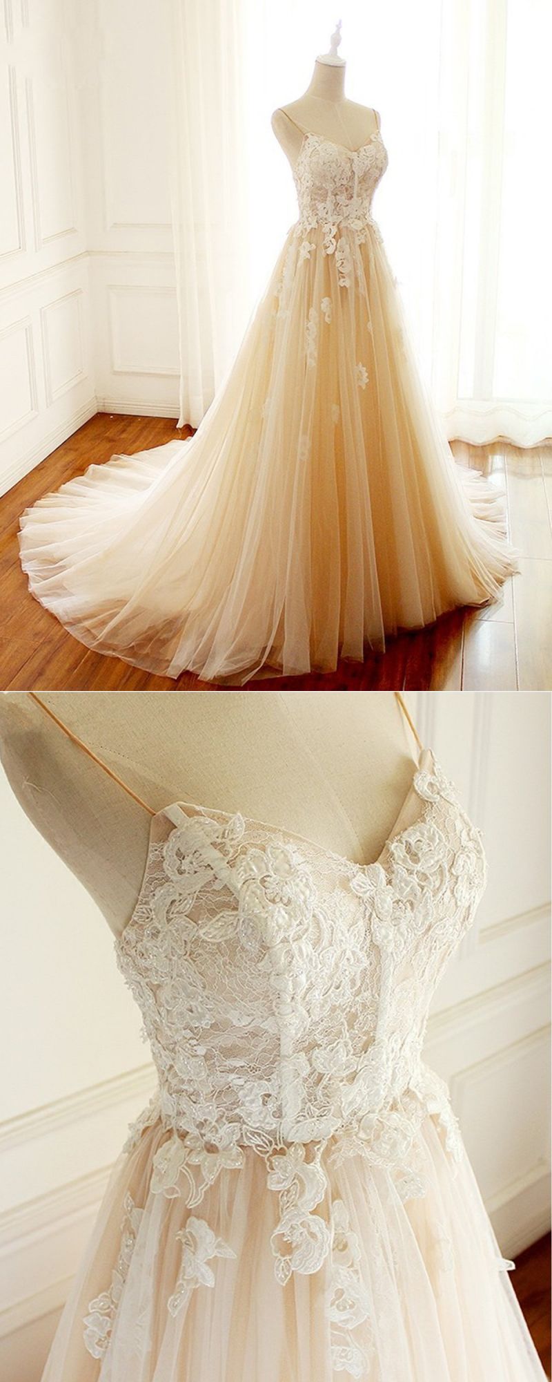 BMbridal Gorgeous Sweetheart Creamy Tulle Wedding Dress Spaghetti Straps Sweep Train Bridal Gowns On Sale-BMbridal