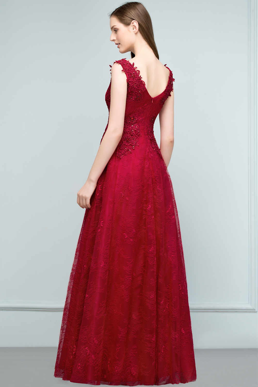 BMbridal Burgundy V-Neck Lace Prom Dress Long Evening Party Gowns With Appliques