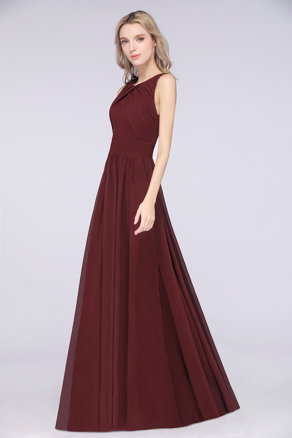 BMbridal Modest Round-Neck Sleeveless Burgundy Bridesmaid Dresses with Ruffles-BMbridal