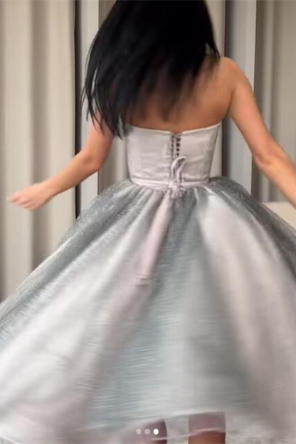Bmbridal Strapless Silver Prom Dress Short With Lace-Up Back
