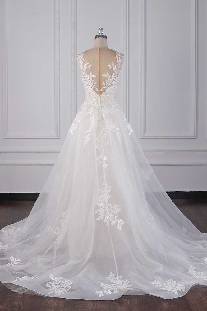 BMbridal Elegant Jewel Tulle Lace Wedding Dress Appliques Sleeveless Mermaid Bridal Gowns Online-BMbridal