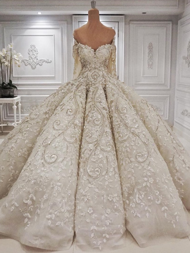 BMbridal Elegant Longsleeves Sweetheart Ivory Wedding Dresses A-line Tulle Ruffles Bridal Gowns With Appliques Online-BMbridal