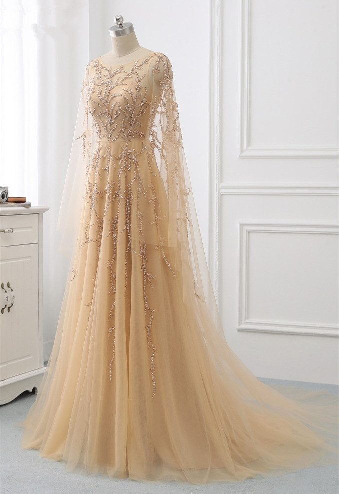 BMbridal Elegant Jewel Long Sleeves Ruffle Prom Dresses with Beadings Online