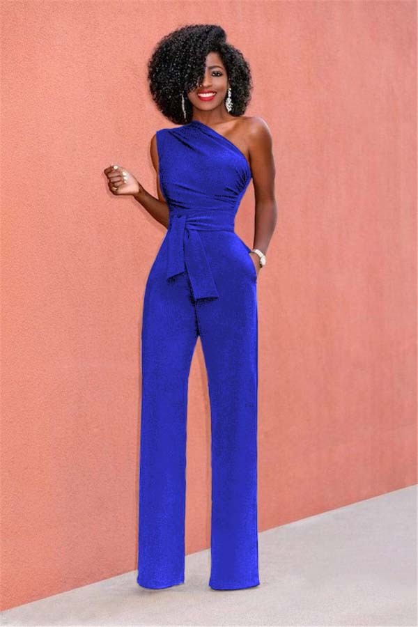 Concise Black One-Shoulder Daily Women's Jump Suit