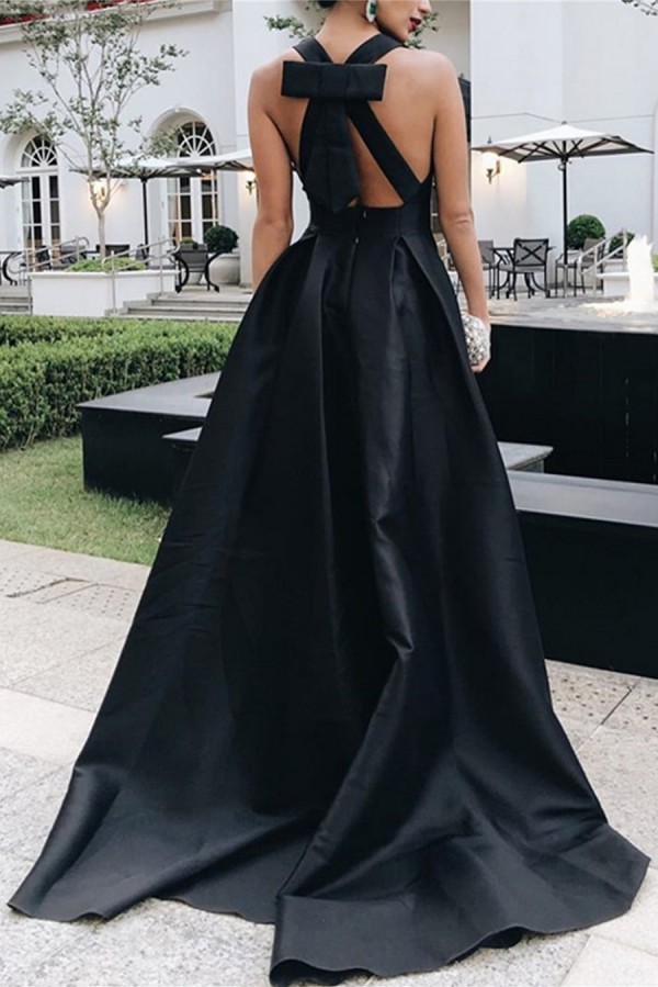 Bmbridal Black Deep V-Neck Prom Dress Sleeveless A-Line Long
