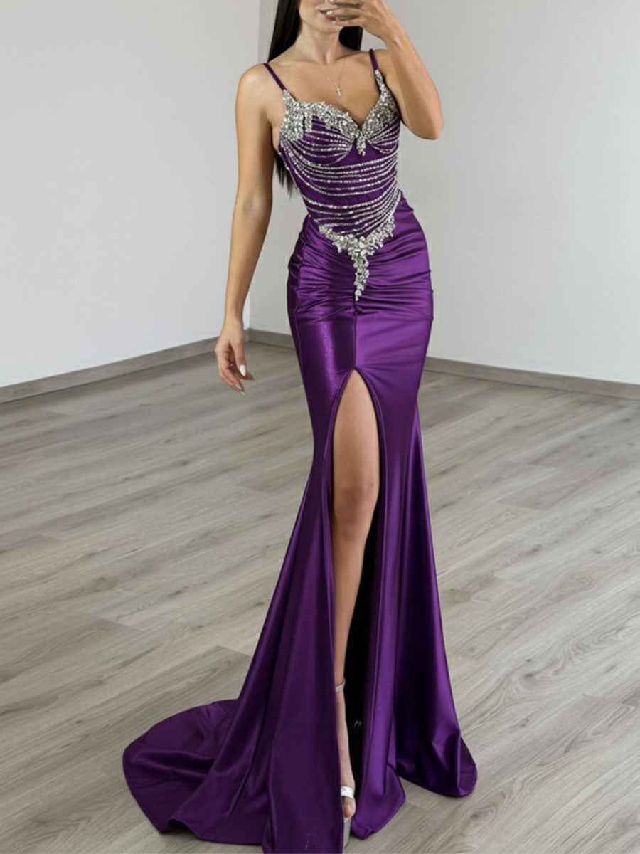 Gold Liquid Beaded Bodice Satin Prom Dress with Slit