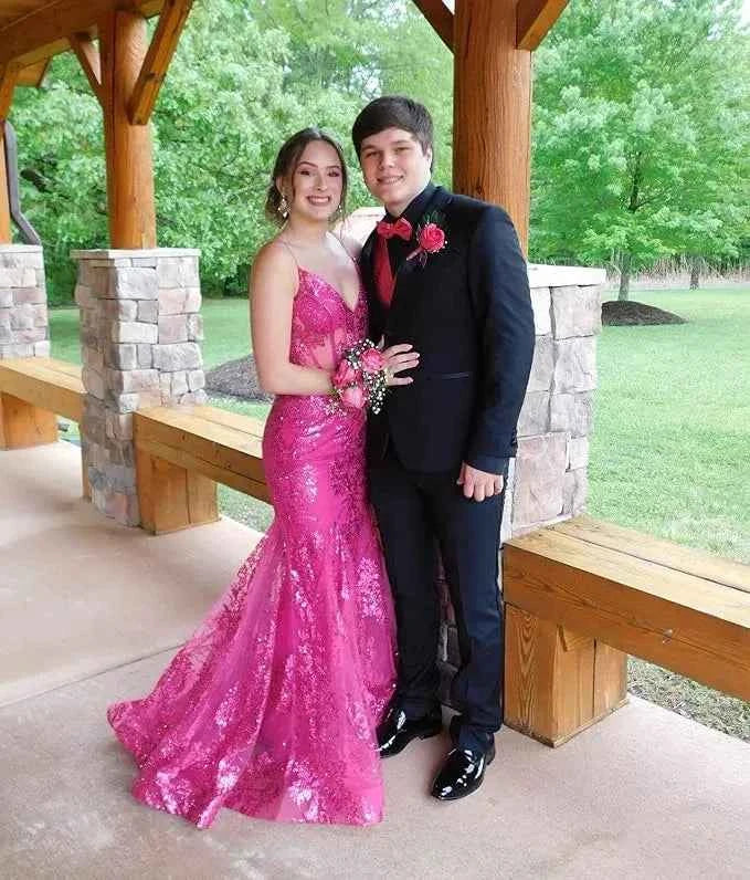 Trumpet/Mermaid Spaghetti Straps Sparkly Sequin Lace Applique Long Prom Dress