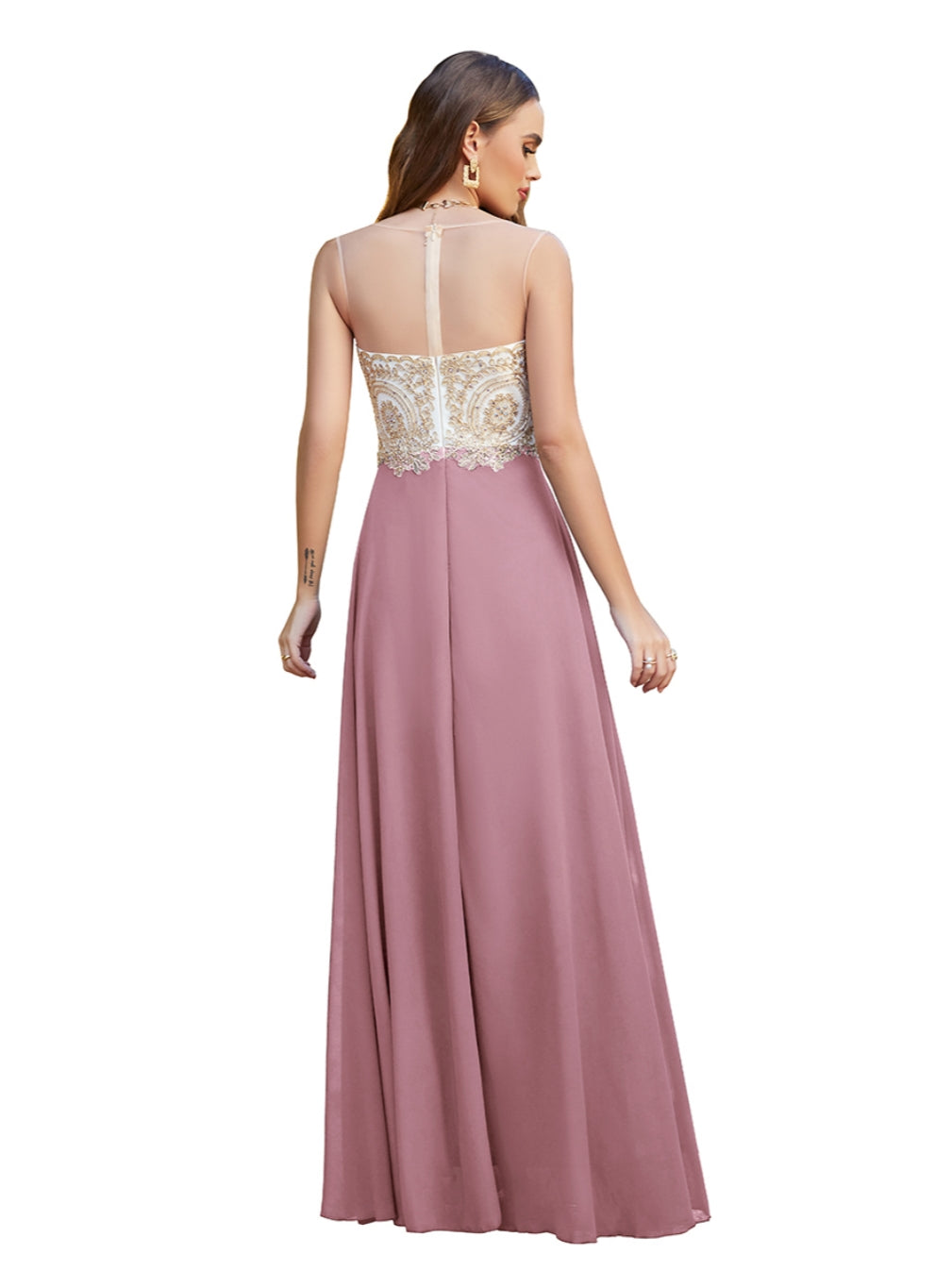A-line Scoop Chiffon Appliques Floor-Length Dresses Dark Navy-BMbridal