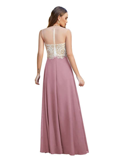 A-line Scoop Chiffon Appliques Floor-Length Dresses Dark Navy-BMbridal