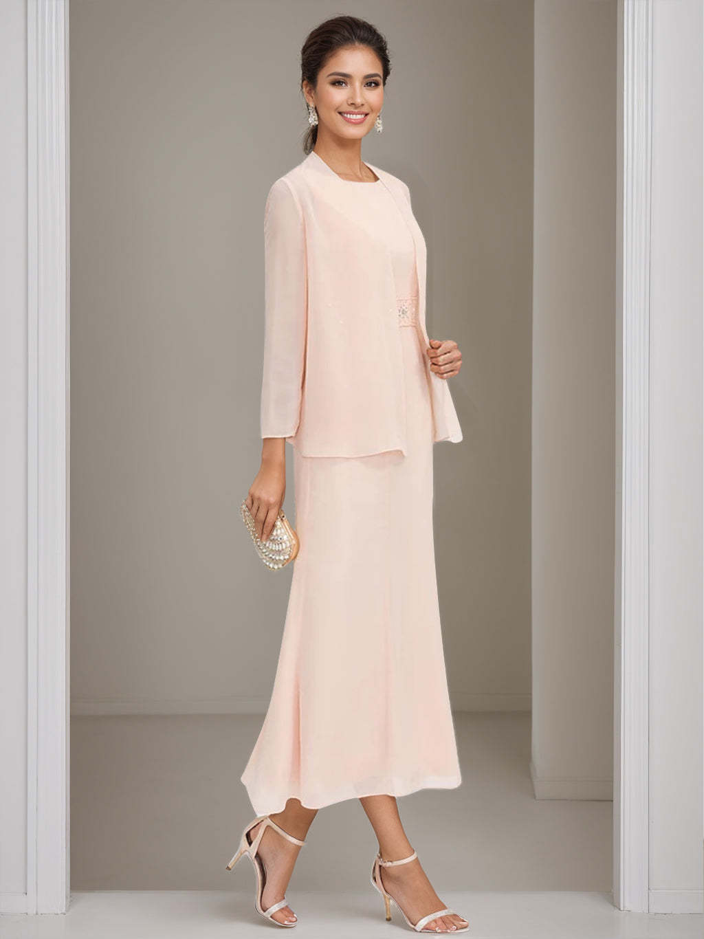Tea-Length Mother of the Bride Sheath Dress with Beaded Jacket-BMbridal
