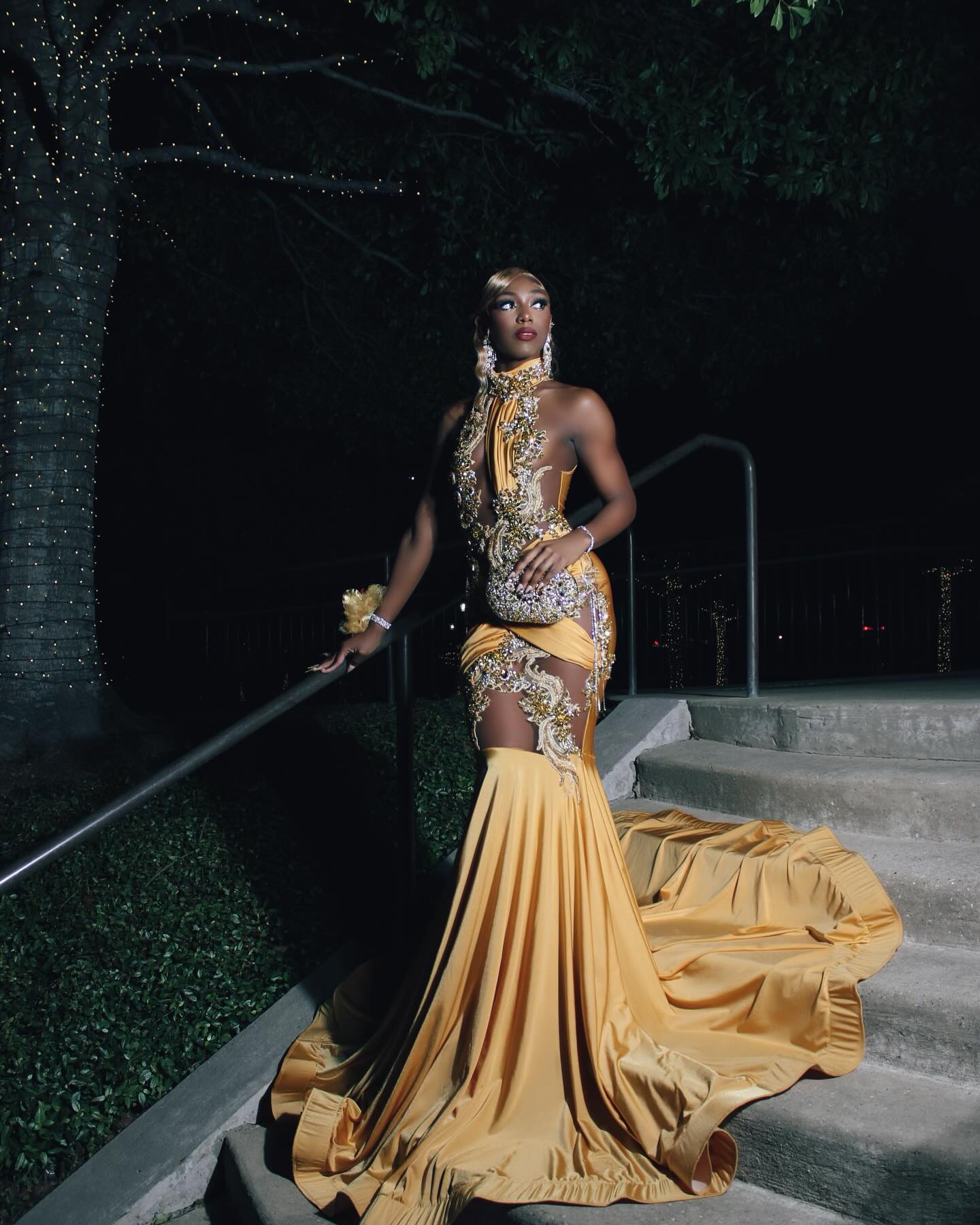Regal Golden Yellow Mermaid Prom Dress with 3D Embroidery & Illusion Cut-outs – Asymmetrical One-Shoulder Back | Custom Made High-End Evening Gown