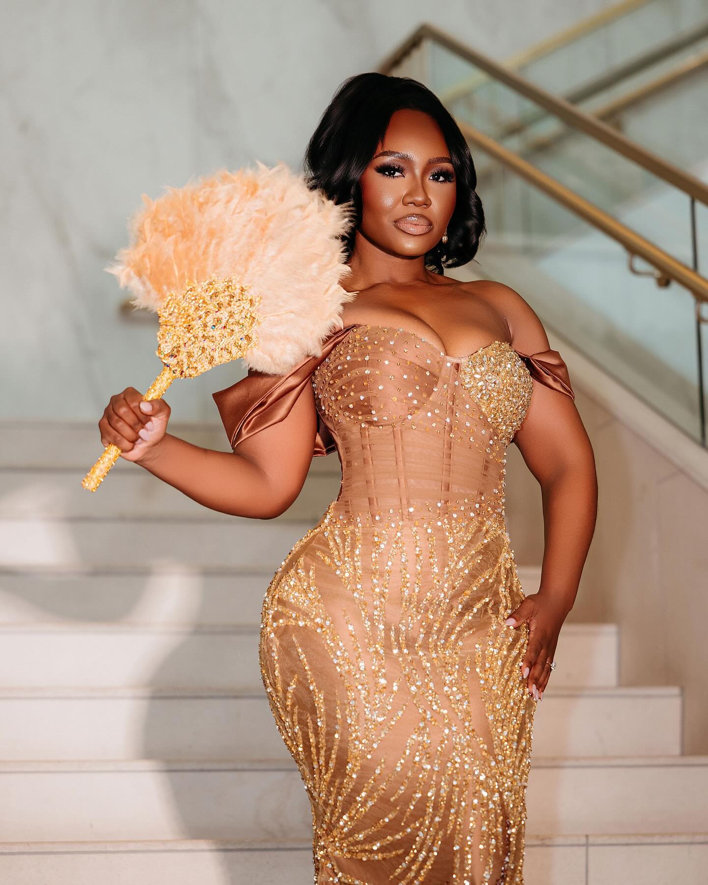 Golden Sunset - Ombre Beaded Mermaid Prom Dress with Feather Trim