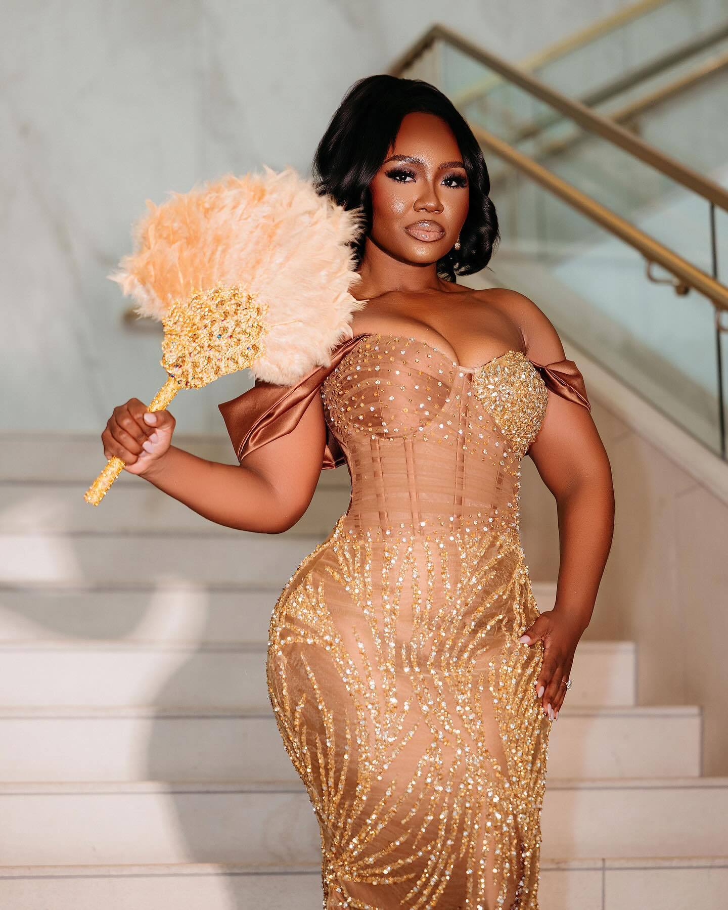 Golden Sunset - Ombre Beaded Mermaid Prom Dress with Feather Trim