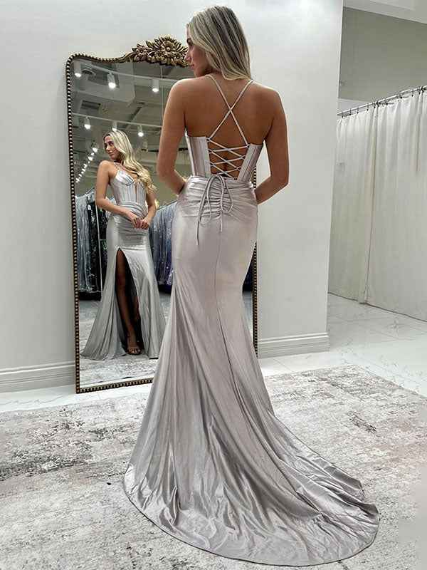 Sparkly Black Mermaid Spaghetti Straps Grey Corset Prom Dress with Slit