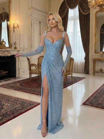 Light Blue Sequin Mermaid Matching Opera Gloves Long Prom Dress with Slit