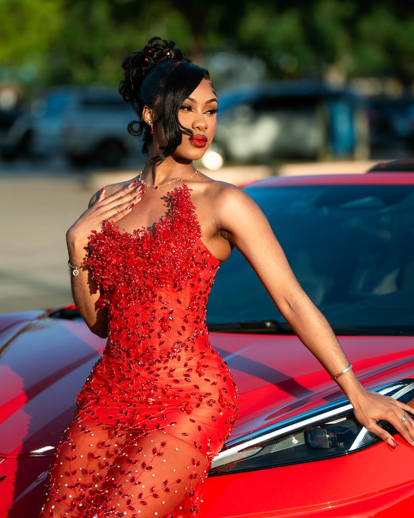 Red Hot - Sheer Illusion Beaded Mermaid Prom Dress with 3D Florals