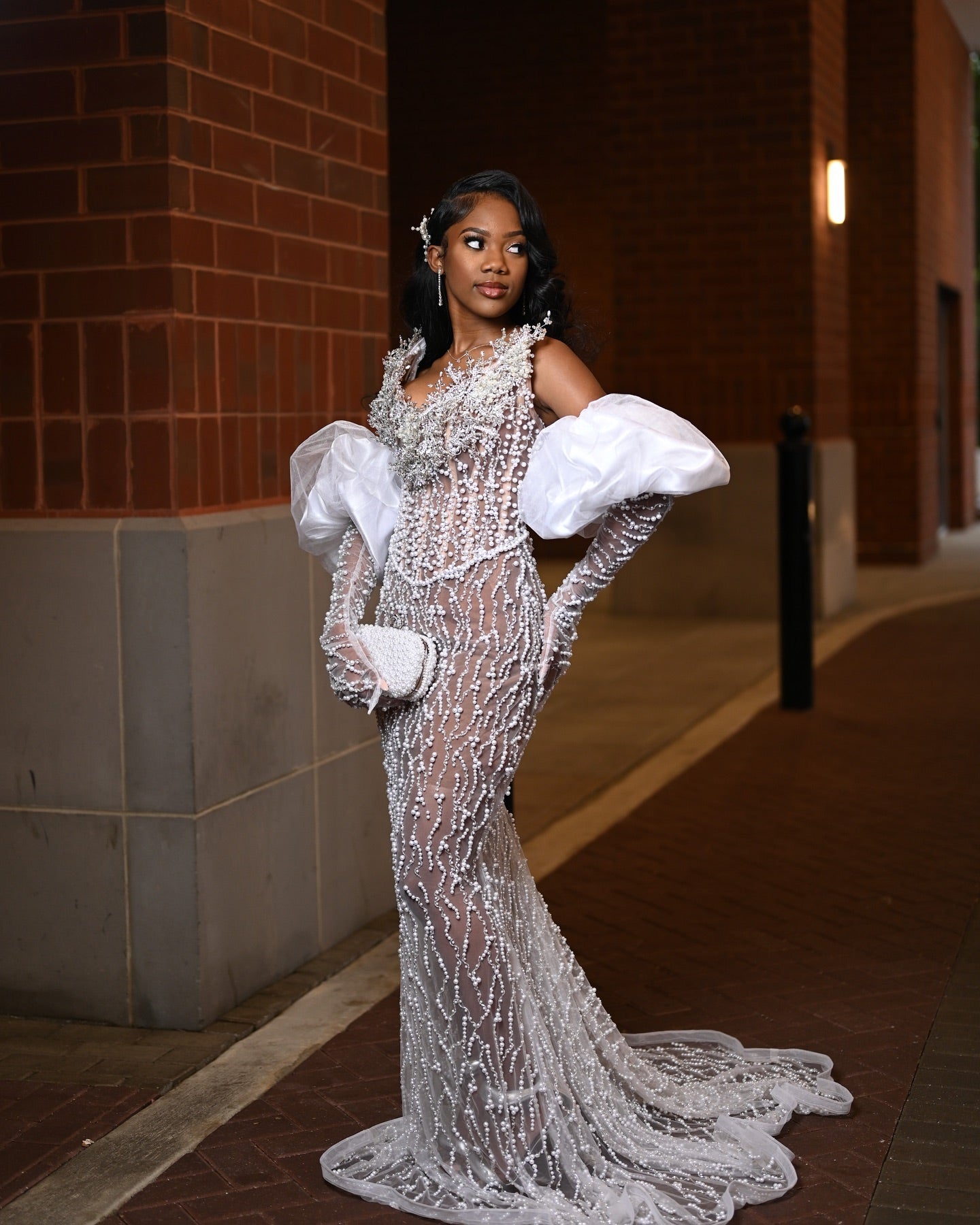 Silver Dream - Crystal Beaded Prom Dress with Dramatic Puff Sleeves