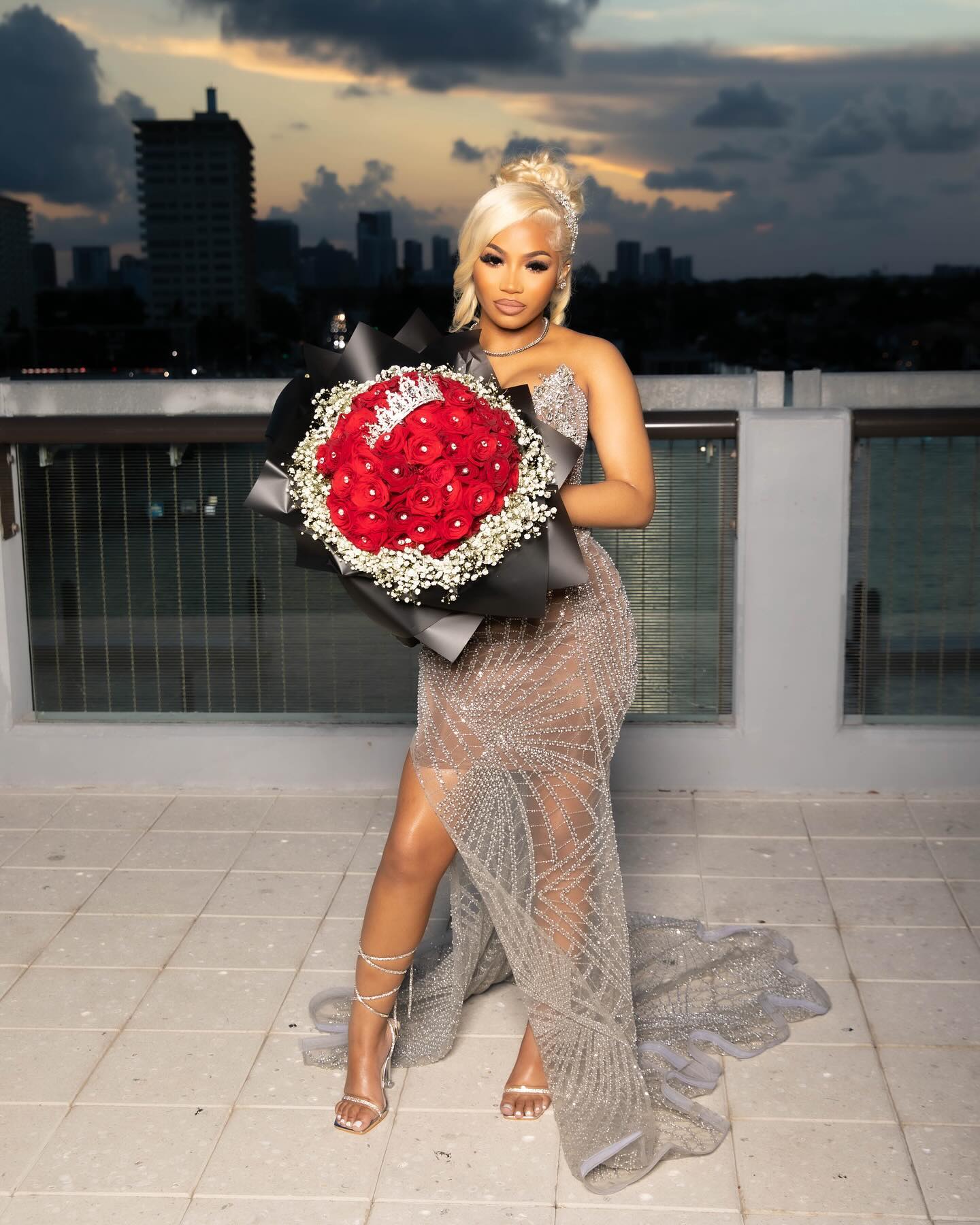 Silver Goddess - Sheer Crystal Beaded Prom Dress with High Slit