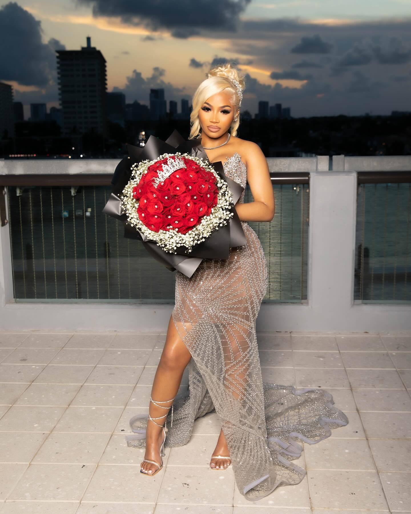 Silver Goddess - Sheer Crystal Beaded Prom Dress with High Slit