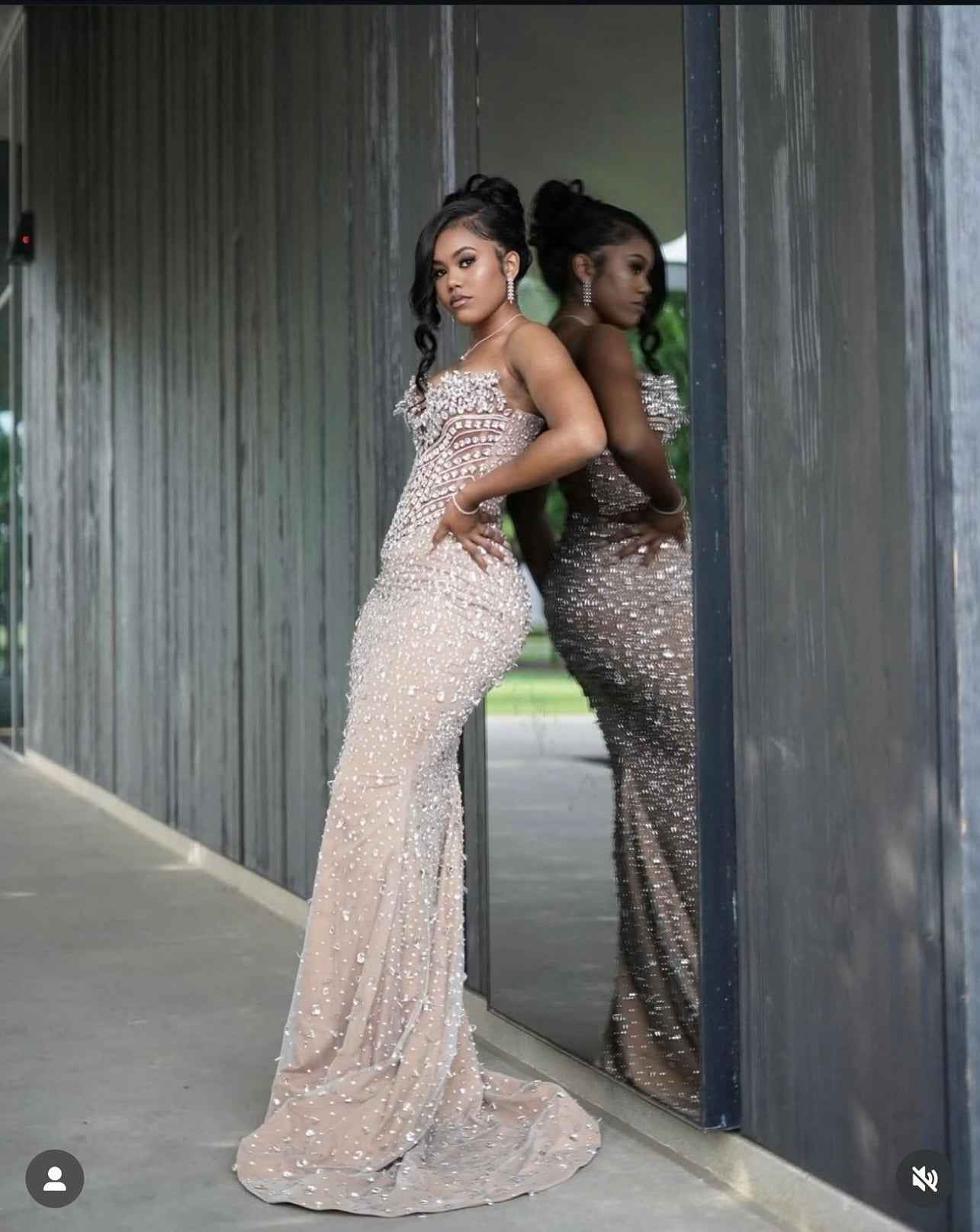 Champagne Radiance - Crystal Beaded Mermaid Prom Dress with Floral Details
