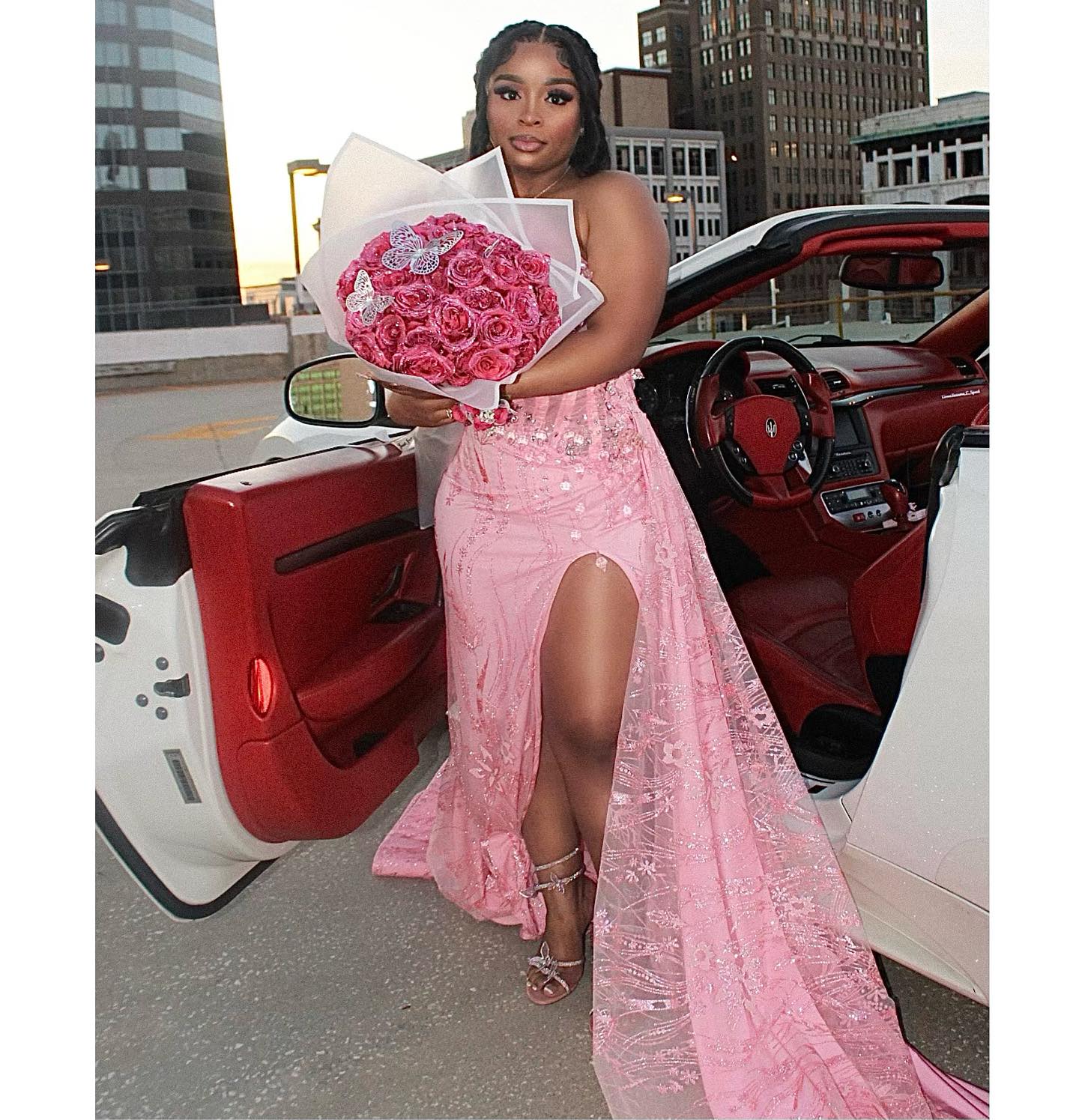 Pink Dream - Beaded Bow Mermaid Prom Dress with 3D Florals & Train