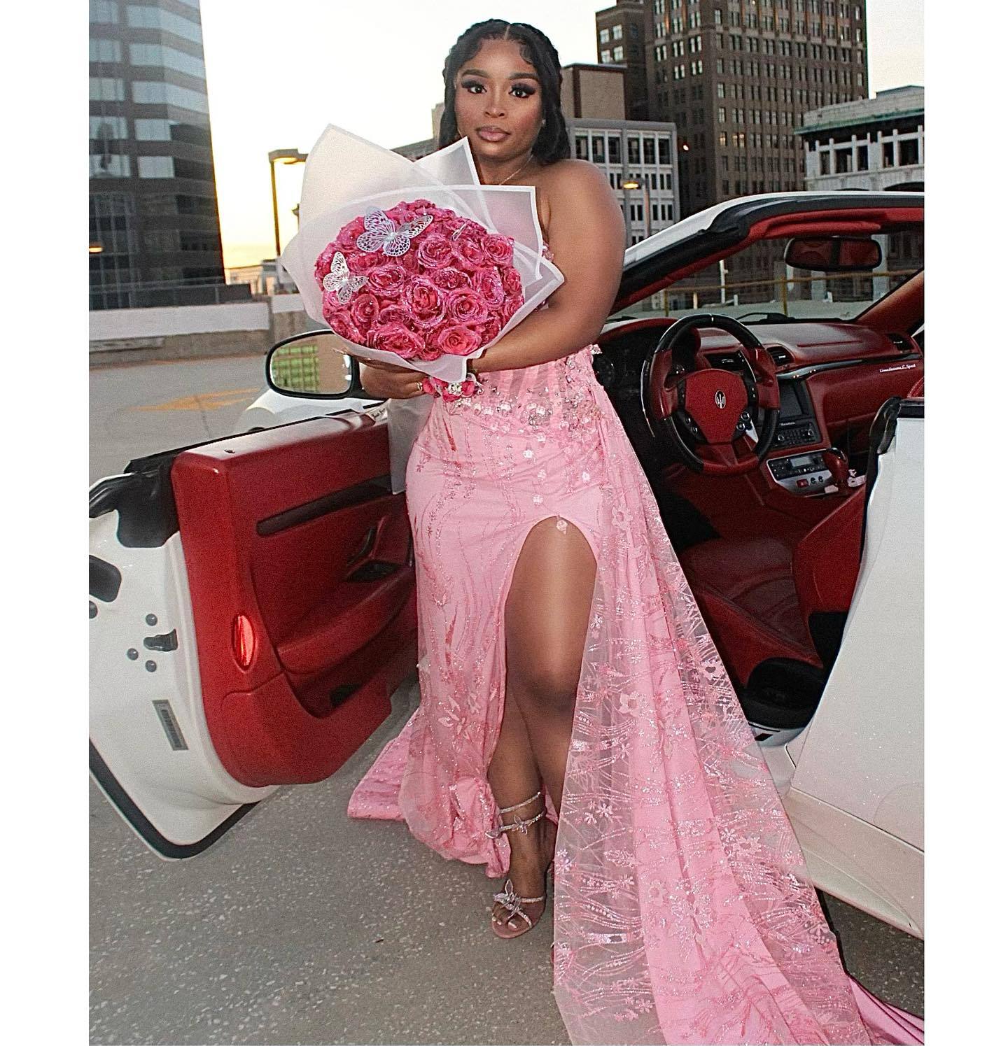 Pink Dream - Beaded Bow Mermaid Prom Dress with 3D Florals & Train