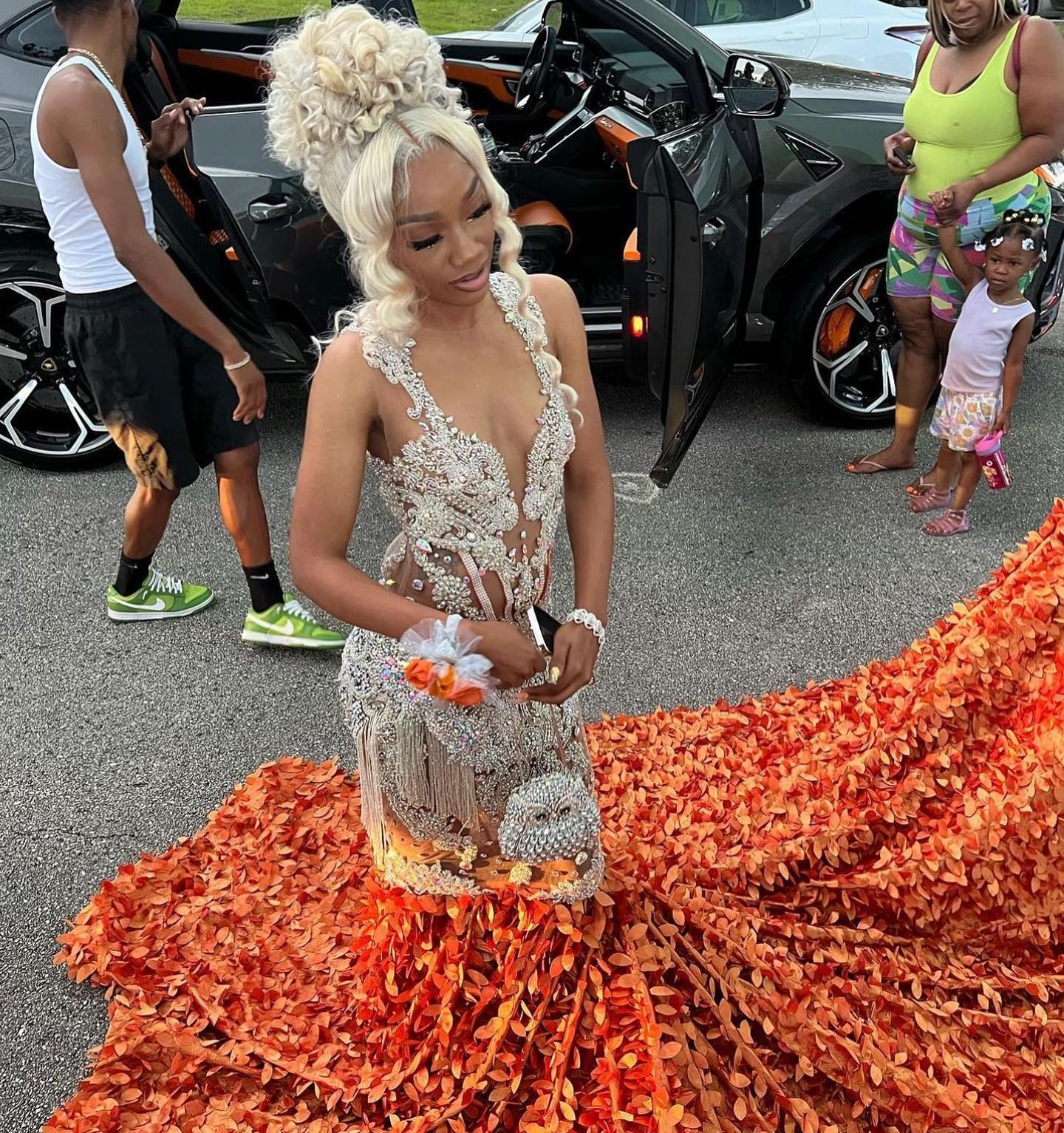 Orange Flame - Crystal Beaded Prom Dress with Massive 3D Petal Train