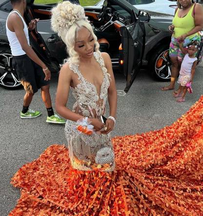 Orange Flame - Crystal Beaded Prom Dress with Massive 3D Petal Train