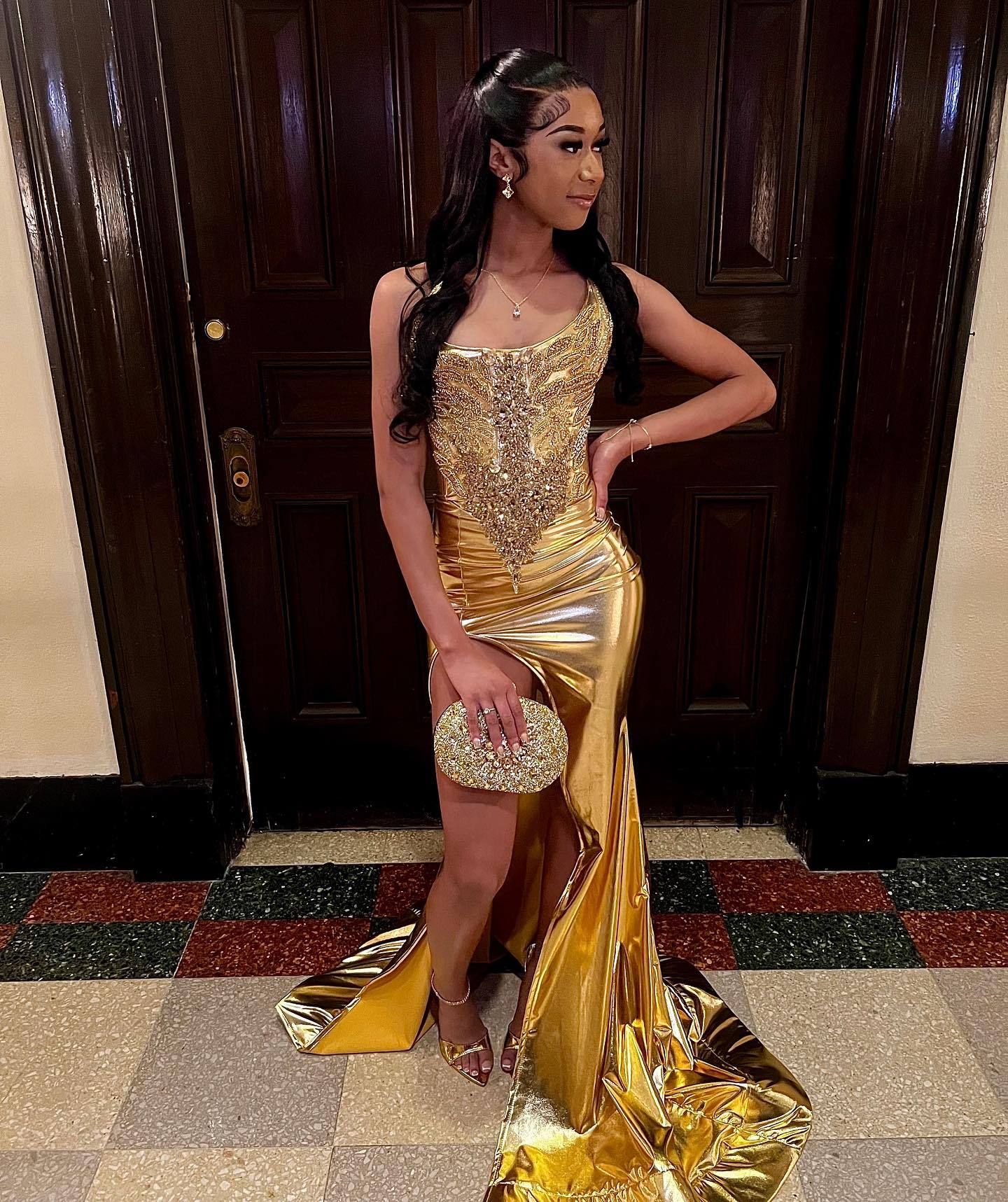 Golden Muse - Beaded Satin Mermaid Prom Dress with High Slit