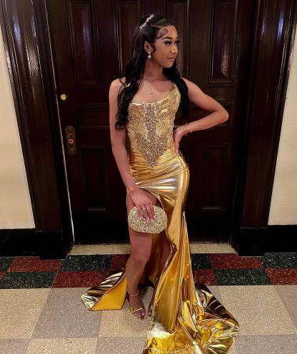 Golden Muse - Beaded Satin Mermaid Prom Dress with High Slit