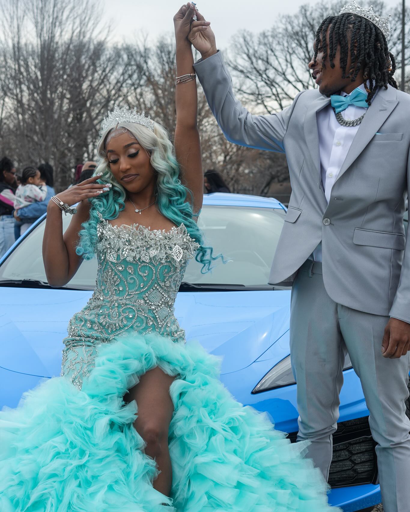 Tiffany Blue Crystal Mermaid Gown - 2026 3D Leaf Bodice & Explosive Ruffle Tiered Prom Dress